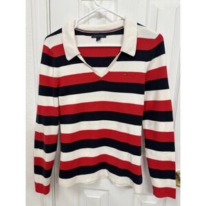 Tommy Hilfiger Ladies Sweater Size M Blue Red White Striped Cable Knit Collar